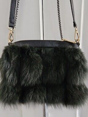 NWOT Real Fox Fur Small Crossbody Bag in Deep Green with Chain Strap